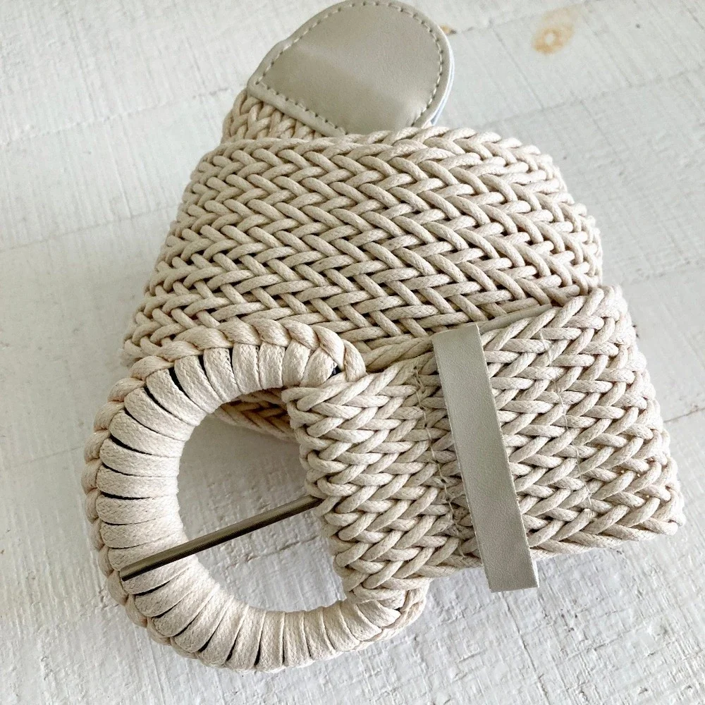 Natural Woven Faux Straw Wide Waist Belt Chunky Round Buckle Cottage Boho summer